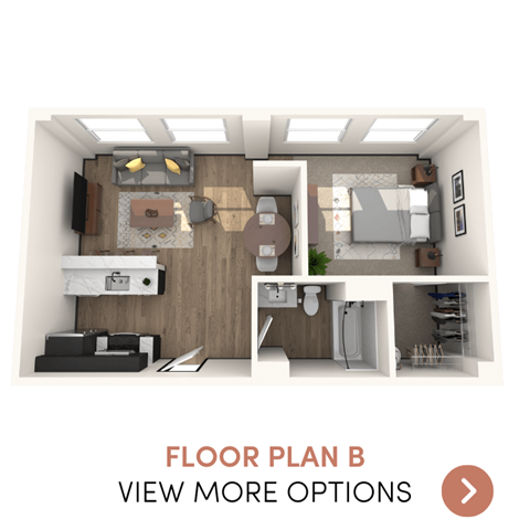 A floor plan of a small apartment with a kitchen, living room, and bedrooms.